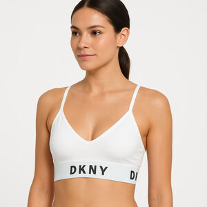 DKNY‎ DK7089P2 White Spaghetti Straps Banded Logo Womens Sports Bra Medium